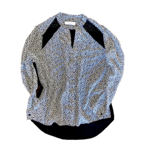 Sandro Paris Silk Animal Print Blouse Black White Lace Accents Sheer Back Small - Picture 1 of 6